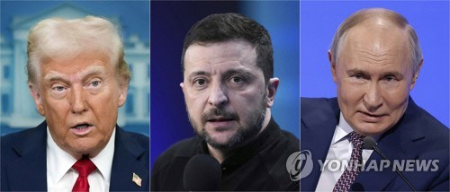 트럼프 미국 대통령(왼쪽부터), 젤렌스키 우크라이나 대통령, 푸틴 러시아 대통령. [AP=연합뉴스]